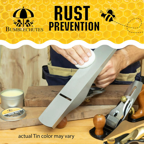 All Purpose Shop Wax Starter Kit With Carnauba Beeswax Paste for wood metal care, person applying wax on planer tool