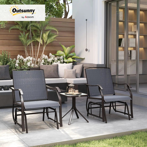 Three Piece Outdoor Glider Bistro Set With Glass Tabletop And Two Patio Rocking Chairs In Breathable Sling Fabric For A Chill Porch Or Backyard And Garden Gray