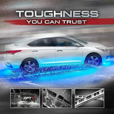 Car on road with blue glow from Aura Aluminum Car Underglow Lights With Remote Control, showcasing waterproof feature.