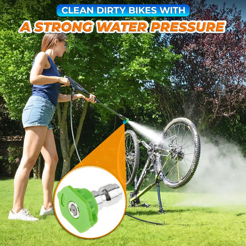 Five-pack pressure washer nozzle tips with 1/4-inch quick-connect; stainless steel spray nozzles for outdoor cleaning