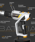 Pro Grade 2 In 1 Heat Gun With Rotatable Handle And Stand, 1500W Fast Heating Hot Air Tool with labels, features, and branding.