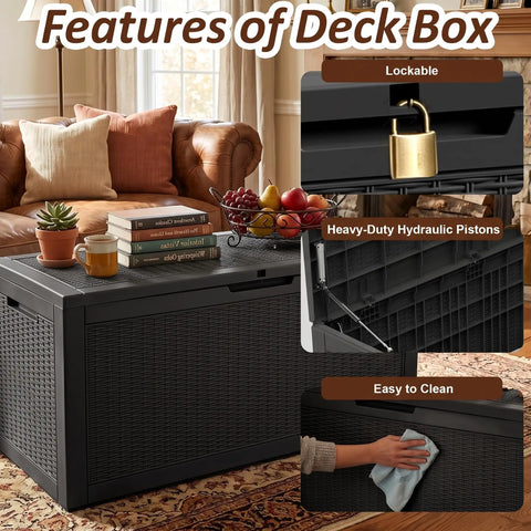 Heavy Duty 160 Gallon Deck Box Crafted From Weatherproof Resin With Secure Locking Lid features lockable lid and hydraulic pistons.
