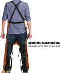Split Leg Leather Welding Apron For Men And Women, Heat Resistant And Flame Resistant Bib Apron, Heavy Duty Cowhide Leather, back view with straps.