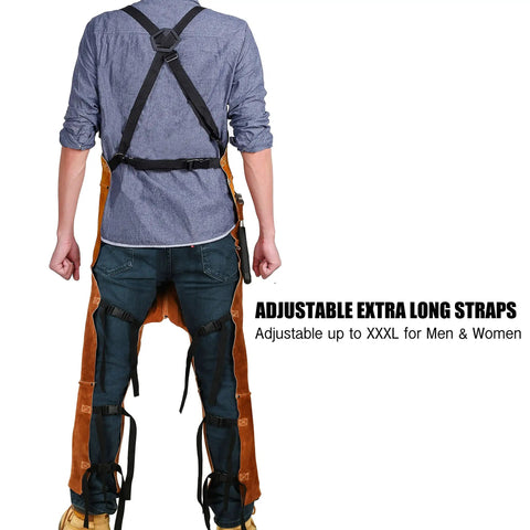 Split Leg Leather Welding Apron For Men And Women, Heat Resistant And Flame Resistant Bib Apron, Heavy Duty Cowhide Leather, back view with straps.