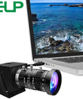 Low Light USB Camera With 5-50mm Manual Zoom And 10x Varifocal Lens connected to a laptop displaying ocean, HDR 100dB, UVC USB 2.0