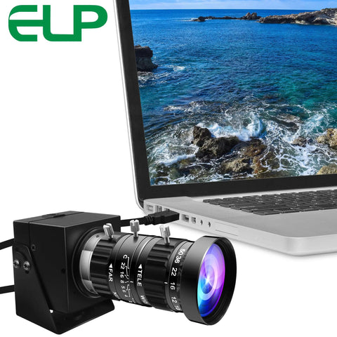 Low Light USB Camera With 5-50mm Manual Zoom And 10x Varifocal Lens connected to a laptop displaying ocean, HDR 100dB, UVC USB 2.0