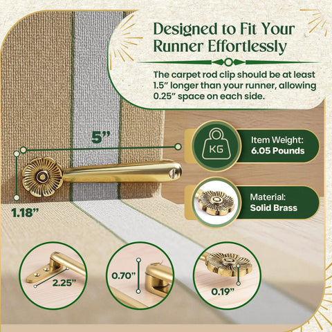 Stair Carpet Holder Clips 5 Inch Brass Floral Design Rug Fasteners To Keep Runners In Place, solid brass construction, close-up.