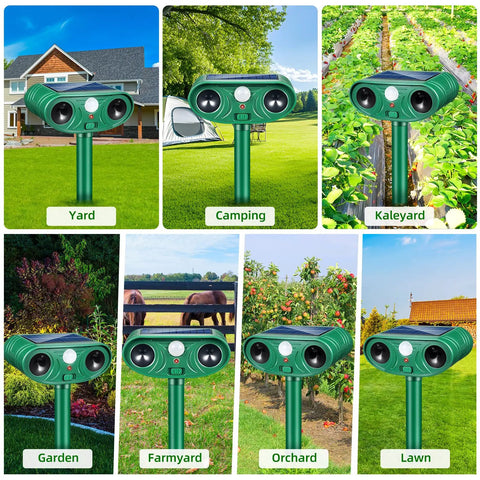Solar Powered Ultrasonic Deer And Animal Repellent For Yard And Garden Motion Activated Deterrent With 120 Degree PIR Sensor Scares Deer Squirrels Raccoons Rabbits Skunks Dogs In Outdoor Spaces Four Pack displayed in different outdoor settings.