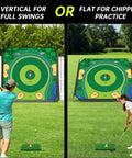 Adults using Massive 6x6 Foot Golf Chipping Game Set With Adjustable Practice Clubs; vertical and flat positions shown.
