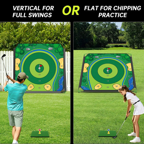 Adults using Massive 6x6 Foot Golf Chipping Game Set With Adjustable Practice Clubs; vertical and flat positions shown.
