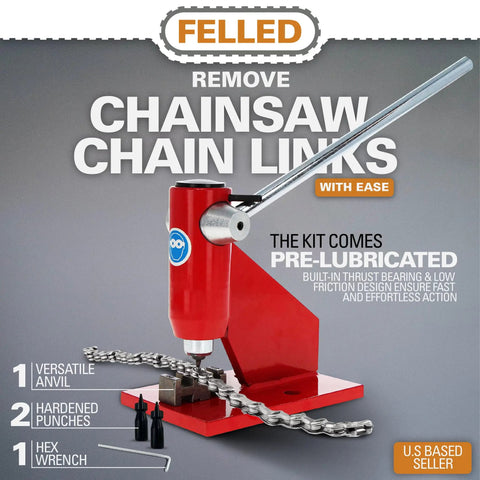 Heavy Duty Chainsaw Chain Breaker And Rivet Tool Kit For Quick Link Removal And Rivet Punching On A Stable Workbench No Fuss Pro Grade Craftsmanship, red tool with accessories.