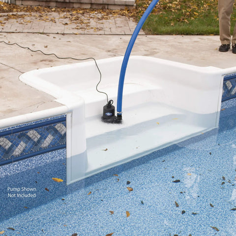 Lay-Flat Discharge Hose Kit 1-1/2 Inch by 25 Foot PVC Hose With Adapters connected to utility pump in pool setting