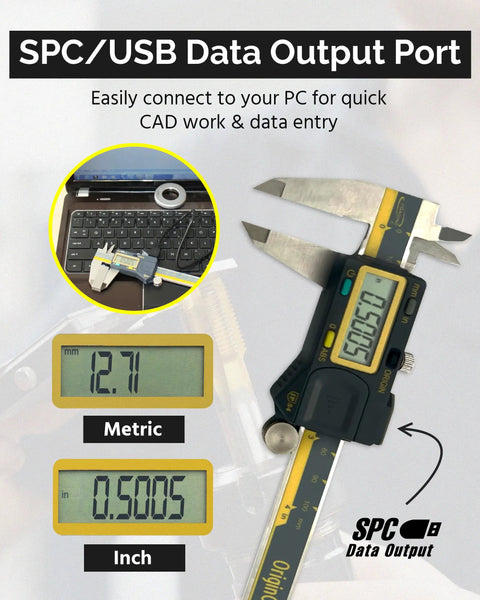 Absolute Origin Digital Caliper 0-8 Inches, IP54 Stainless Steel, SPC USB Output, Inch And Metric Modes displayed on screen