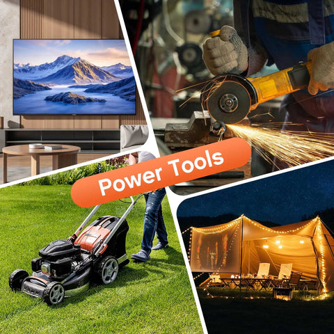 Collage of power tools, a lawn mower, a campsite with lights at night, and a landscape on TV display.