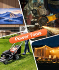 Collage of various power tools in use: TV display, angle grinder, lawnmower, and tent with lights.