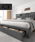 Top Shelf King Size Bed Frame With Four Sleek Rolling Storage Drawers And Wing Headboard In Charcoal Dark Grey showcasing USB ports.
