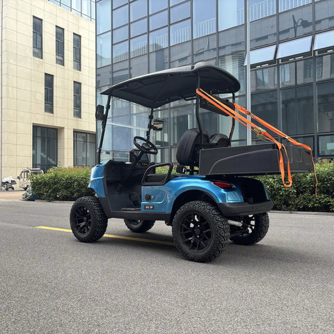 2 Seater Electric Golf Cart 2026 Model Built Different with adjustable rear bench in blue, showcasing modern design and durability.