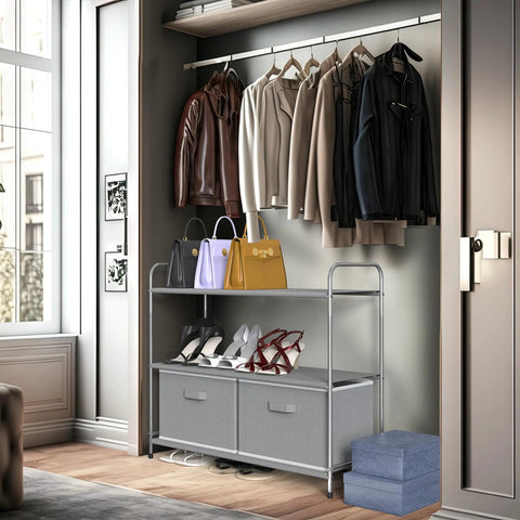 3 Tier Closet Organizer With 2 Drawers, Grey Fabric Shelves, And Metal Frame, A No Fuss Storage Setup For Toys, Clothes, And Books