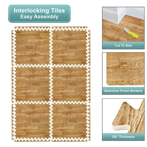 Wood Grain Foam Floor Tiles With Interlocking EVA Puzzle Mats And Borders, Three Eighths Inch Thick, 48 Sq Ft Coverage, easy assembly layout.
