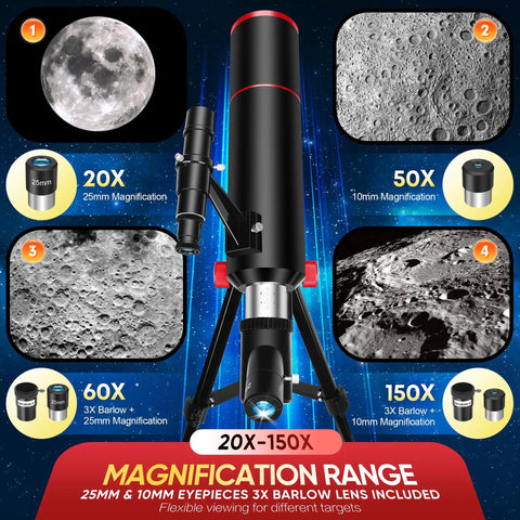 Beginner Friendly Telescope for Kids and Families With 80mm Aperture and 500mm Focal Length showcasing magnification options.