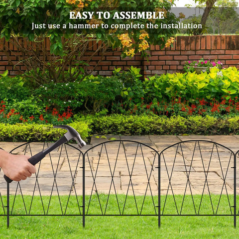 Decorative Arch Garden Fence Border Set, 10 Pack, 11 Feet Long, 16 Inches High, Rustproof Black Metal Fence installation with hammer