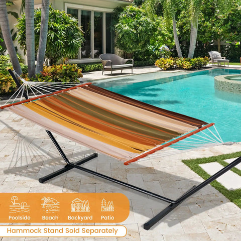 Cotton Double Hammock With 55 Inch Spreader Bar Portable Camping Hammock With Carrying Bag And Tree Straps For Patio Backyard Or Balcony 450 Pound Capacity Brown And Khaki For Easy Hangout Chill Sessions.