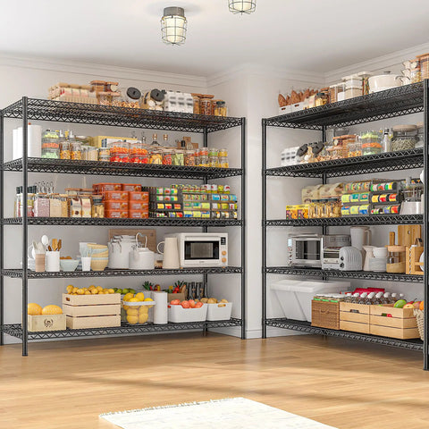 Beefy 5 Tier Wire Storage Shelves With 3200 Lb Capacity, 55.5 Inch Wide Metal Garage Shelving Unit With Adjustable Shelves For Garage, Pantry, Basement, Warehouse, Kitchen, Office Organization filled with pantry items