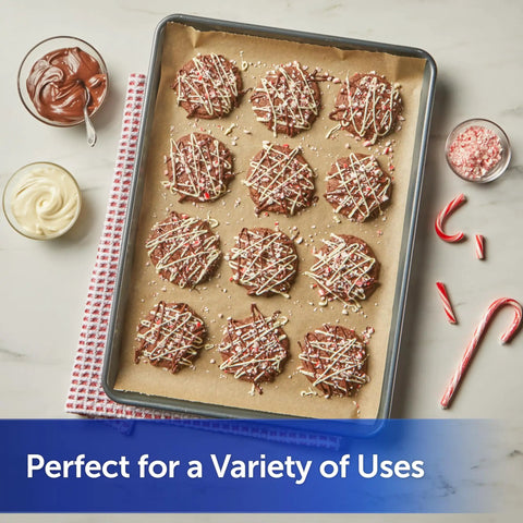 No Sweat Baking Unbleached Parchment Paper 45 Square Feet Roll Oven Safe Cookie Sheets topped chocolate peppermint cookies