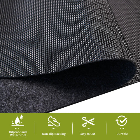 Close-up of oil spill mat for garage floor under car 96 by 48 inches, absorbent with waterproof backing, shown unrolled and partially folded.