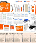 Pet First Aid Kit For Cars And Travel With Digital Thermometer Muzzle And Mini First Aid Pouch Vet Endorsed Kit contents displayed