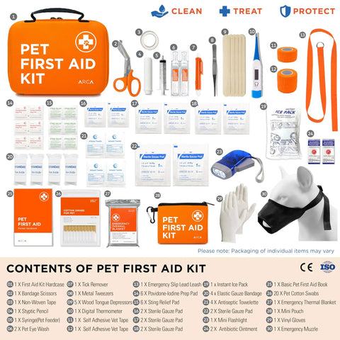 Pet First Aid Kit For Cars And Travel With Digital Thermometer Muzzle And Mini First Aid Pouch Vet Endorsed Kit contents displayed
