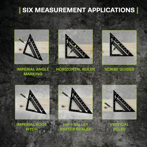 Various applications of 7 Inch Aluminum Rafter Square With Imperial Hip Valley Scales For Dead Easy Roofing Layouts demonstrated.