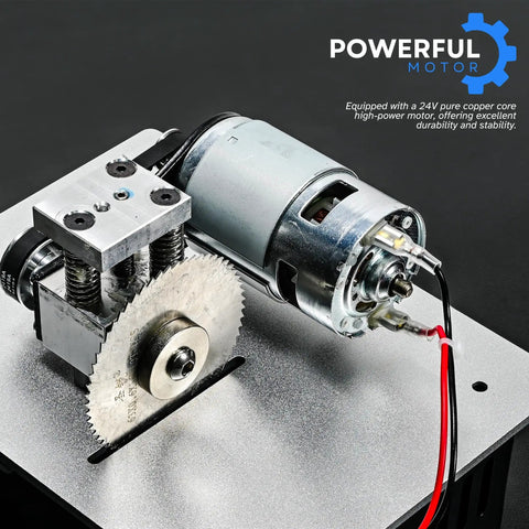 Close-up of 96W Precise Mini Table Saw For DIY Woodworking And Hobby Projects, showing motor and blade detail