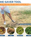 Person using Heavy Duty 16 Inch Metal Garden Rake With 56 Inch Handle And 11 Steel Tines For Thatch Removal And Tough Yard Debris Cleanup