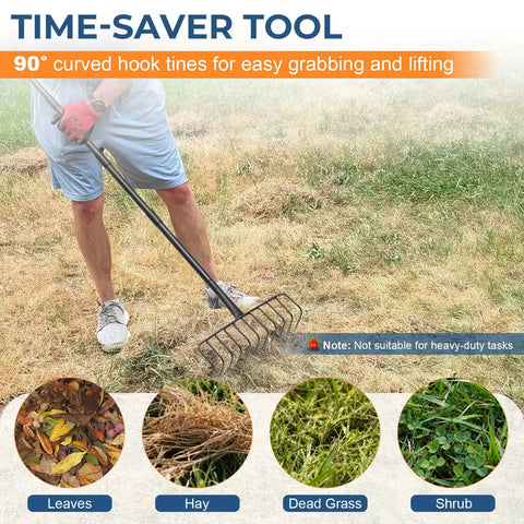 Person using Heavy Duty 16 Inch Metal Garden Rake With 56 Inch Handle And 11 Steel Tines For Thatch Removal And Tough Yard Debris Cleanup