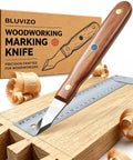 Straight Shooter High Carbon Steel Wood Marking Knife for Dead On Precision Scoring with wood and ruler on workbench.