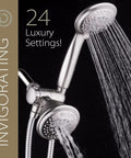 High Pressure 2 In 1 Handheld And Rain Shower Head System with water flowing, stainless steel hose, nickel finish