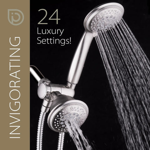 High Pressure 2 In 1 Handheld And Rain Shower Head System with water flowing, stainless steel hose, nickel finish