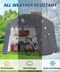 10x10 Outdoor Storage Shed Heavy Duty Portable Shelter Carport With Ventilation Windows And Roll Up Doors Backyard Must Have For Motorcycle Bike Lawn Mower And Garden Tools Gray showcasing UV protection, rain drainage, and snow load strength.