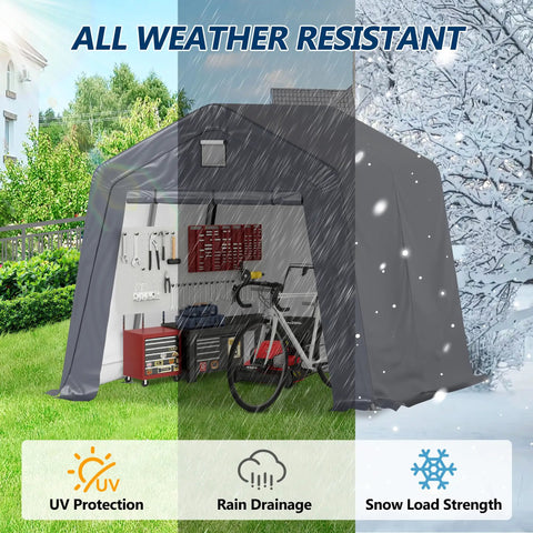 10x10 Outdoor Storage Shed Heavy Duty Portable Shelter Carport With Ventilation Windows And Roll Up Doors Backyard Must Have For Motorcycle Bike Lawn Mower And Garden Tools Gray showcasing UV protection, rain drainage, and snow load strength.