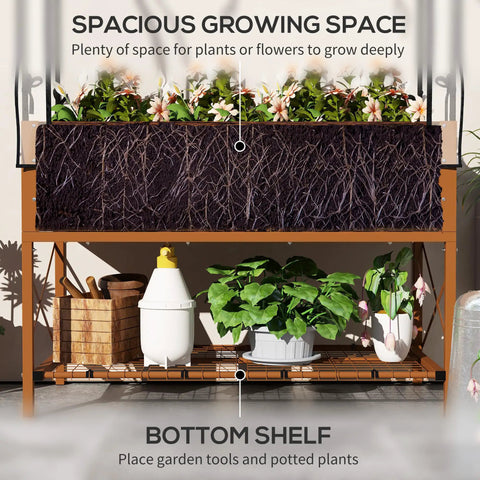 Raised Garden Bed With Cover And Shelf, Rectangular Metal Elevated Planter Box On Sturdy Legs, Bed Liner For Vegetables, Flowers And Herbs, Roll Up Greenhouse, Backyard Ready, Dark Brown