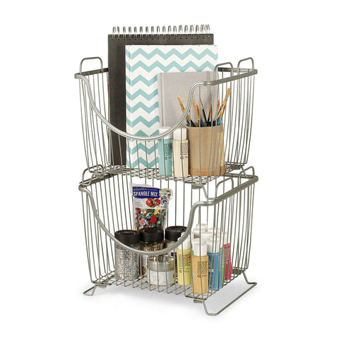 Small Stackable Wire Baskets For Pantry And Counter Organizer With Raised Feet And Handles Stacking Fruit Bin For Vegetables Potatoes Onions Storage In Satin Nickel Finish, holding stationery items.