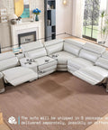 Power Recliner Sectional Sofa With Storage And USB Port, Leather 5 Seat Reclining Sectional With Console And Cup Holders