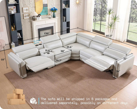 Power Recliner Sectional Sofa With Storage And USB Port, Leather 5 Seat Reclining Sectional With Console And Cup Holders