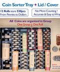 Coin Sort Tray With Lid For All US Coins Accurate Counter And Dispenser showing coin rolls and organized coins