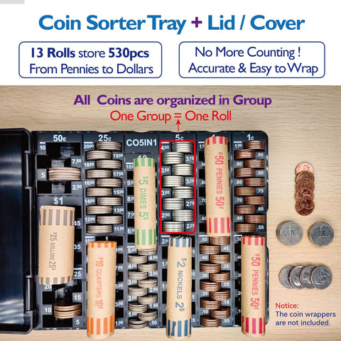 Coin Sort Tray With Lid For All US Coins Accurate Counter And Dispenser showing coin rolls and organized coins