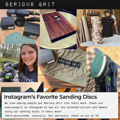 Collage showing Pro Grade Heavy Duty 5 Inch 9 Hole Sanding Discs Set With 80 120 150 180 220 Grits, Festool sander, and woodworking projects.
