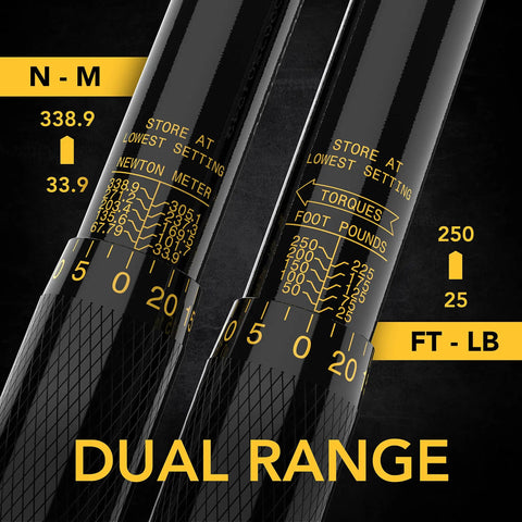 Dual range display on Half-Inch Drive Click Torque Wrench With 25-250 Ft-Lb Range And 33.9-338.9 Nm, Pre-Calibrated To Four Percent Accuracy
