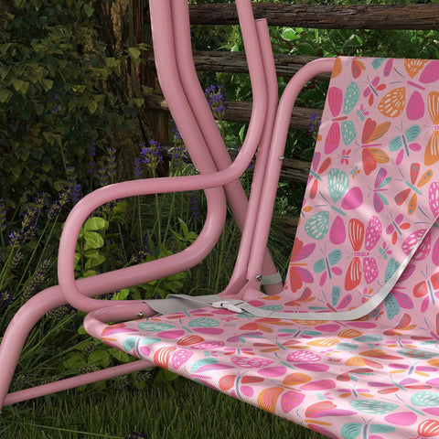 Side view of Kids 2 Seater Patio Porch Swing with Adjustable Canopy and Safety Belt, Pink Butterfly Pattern Hanging Swing Bench for Garden.