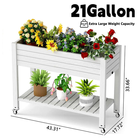 Elevated Garden Bed On Four Legs With Four Lockable Wheels And Storage Shelf For Balcony Patio Backyard Divisible Resin Planter Box 33.6 Inch Tall Back Friendly No Bending Needed Ergonomic Design with flowers and plants
